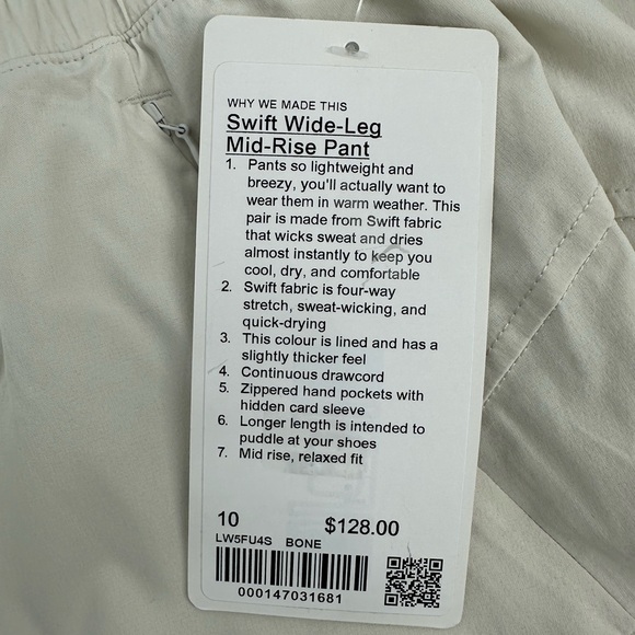 Lululemon Swift Mid-Rise Wide-Leg Lightweight Trouser Pant, Bone, Size 10, NWT - Picture 13 of 13